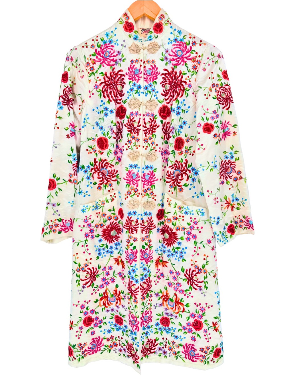 Vintage Plum Blossoms Embroidered Silk Duster Coat Jacket Chinese Cheongsam 40